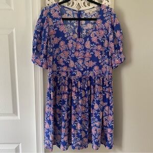LOFT Blue Floral Puff Sleeve Dress Boho Chic Empire waist Dainty Girly Sz 8